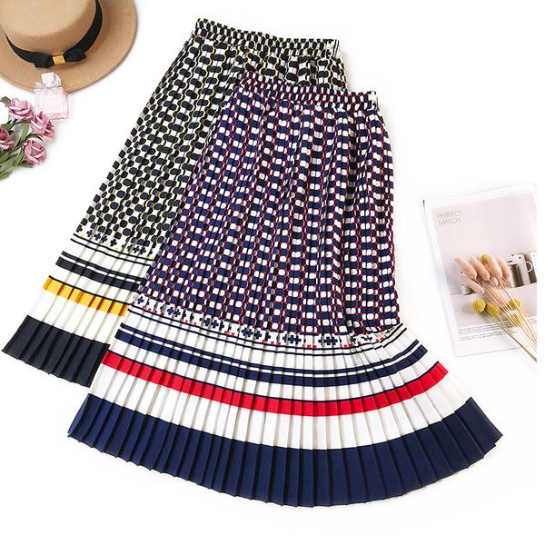 

elegant pleated skirts women new autumn vintage print skirts female high waist hit color midi skirt lady long skirt jupe femme, Black