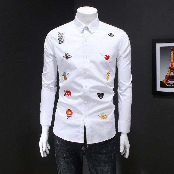 

2020 spring autumn long sleeve shirt lapel embroidery shirt casual fashion men's shirts luxury mens business casual shirt men dress shi, White;black