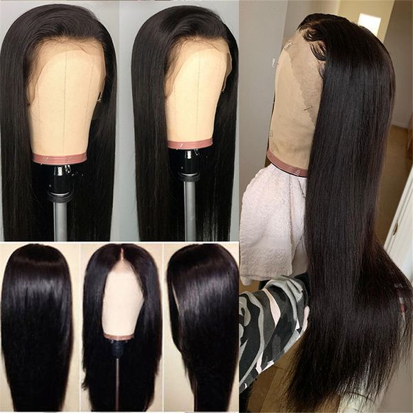 

13x4 lace closure wigs middle part 100% human hair 150% density natural color remy hair, Black;brown