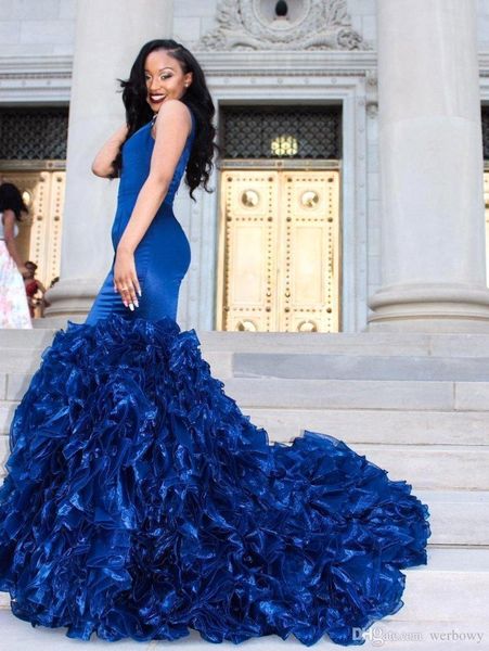 Африканская черная девушка Королевская синяя русалка выпускная платья сексуальные глубокие v nece без рукавов оборки органзы