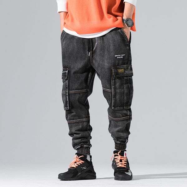 

men jeans high street punk style jogger pants 2019 new fashion big pocket ankle banded cargo denim pants hip hop jeans men, Blue