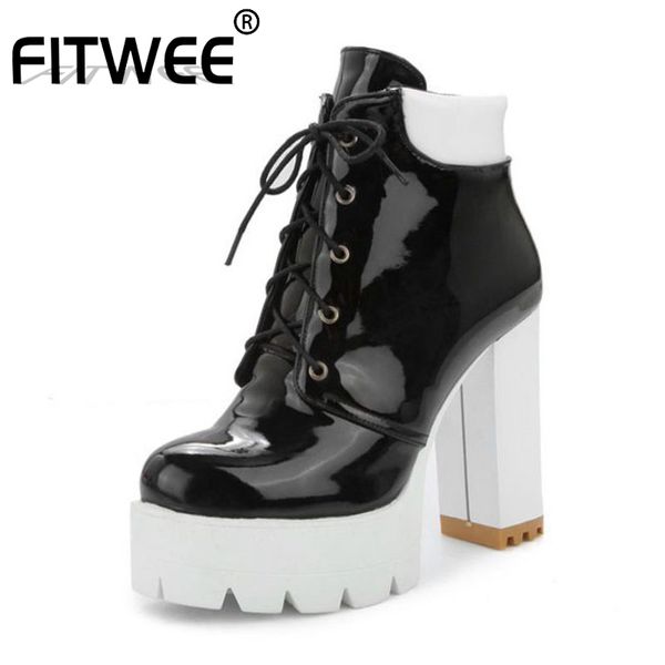 

fitwee high heels ankle boots for women casual winter warm fur lace up platform shoes women thick heel footwear size 33-43, Black