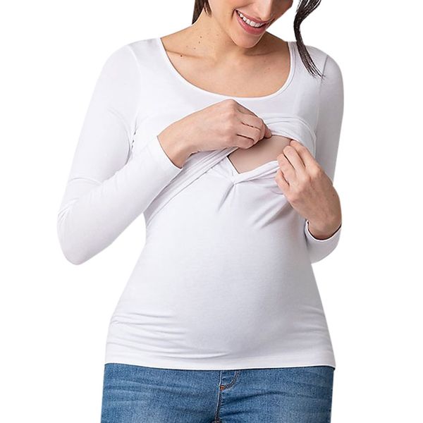 

maternity blouses and for pregnant long sleeve maternity shirt o-neck long sleeve solid blouse clothes y924, White