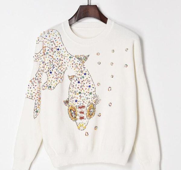 

autumn female brand designer fashionable high street new pullovers round neck cable knit goldfish bead women sweater, White;black