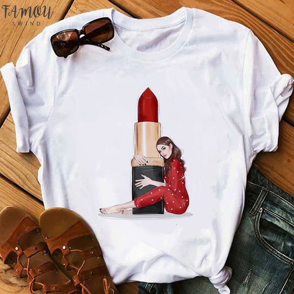 

red lipstick t shirt women perfumer floral t shirts girl summer shirt lady casual lip t shirt gift for v neck, White