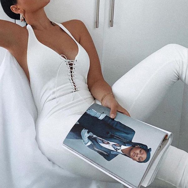 

lace up bandage halter bodycon jumpsuit women overalls sleeveless deep v neck white black push up fitness rompers bodysuit, Black;white