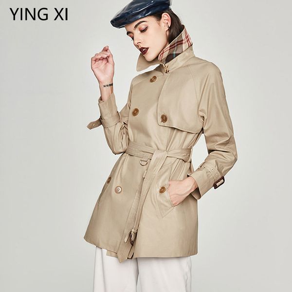 

2019 fashion autumn women beige and green dust mid-length belt check splice lapel double button coat, Tan;black