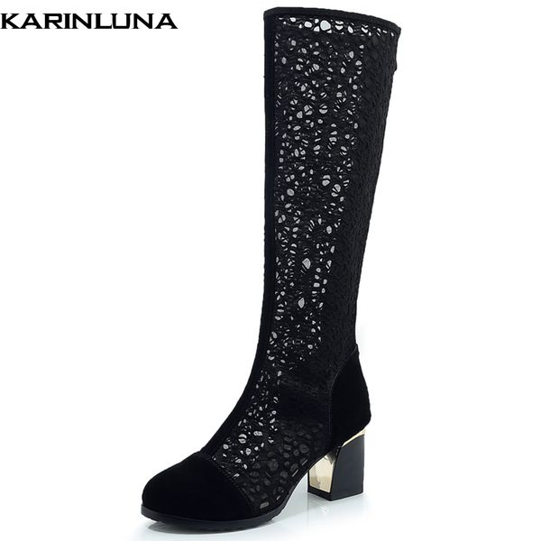 

karinluna plus size 33-43 new lace fashion mesh zipper summer boots women shoes chunky heels summer shoes woman, Black