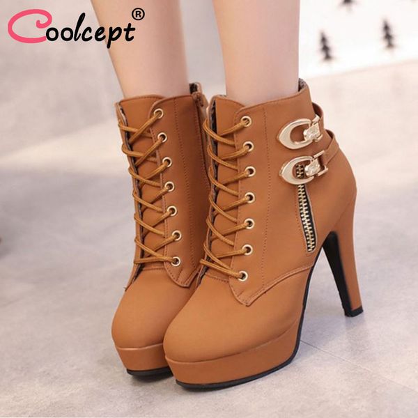 

coolcept size 35-43 new autumn winter women boots solid lace up european ladies shoes boots footwear, Black