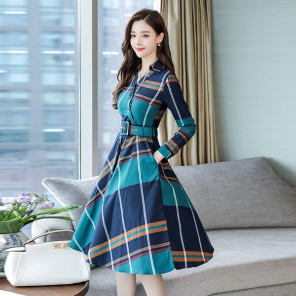 

stinlicher women dress long sleeve office stripe dress women plaid shirt dresses belt spring autumn clothes, Black;gray