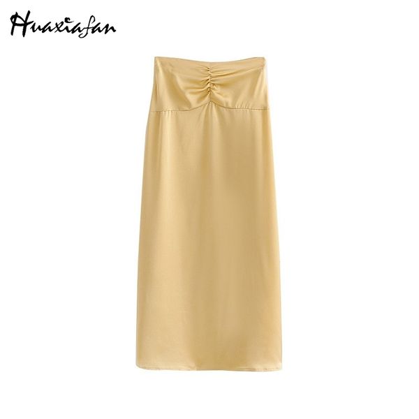 

huaxiafan skirt women casual straight high waisted skirts women fashion solid skirt elegant fold mid skirts female ladies, Black