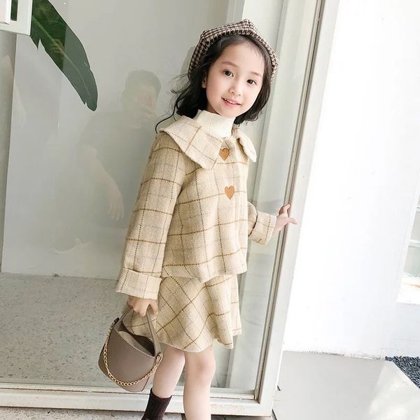 

2019 autumn winter teenage girls outwear plaid woolen jacket coat set for girl trench kids children outwear girls clothes, White