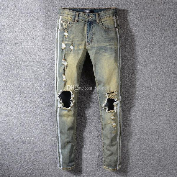 

mens jeans fashion mens distressed zipper skinny pants designer white stripe jeans blue mens ripped slim denim pants