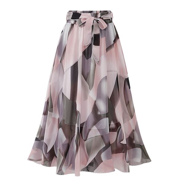 

2019 summer vogue chiffon pleated midi skirts elastic waist vintage floral printed bow a line casual holiday beach skirt female, Black