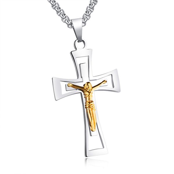 

cross jesus necklace pendant for men stainless steel titanium black sliver golden hip-pop head mens jewelry for boys gifts, Silver