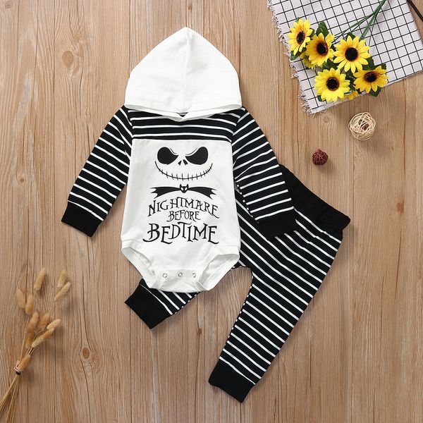 

newborn long sleeve kids boys clothes sets baby boy girl nightmare stripe hooded romper pants halloween outfits set, White