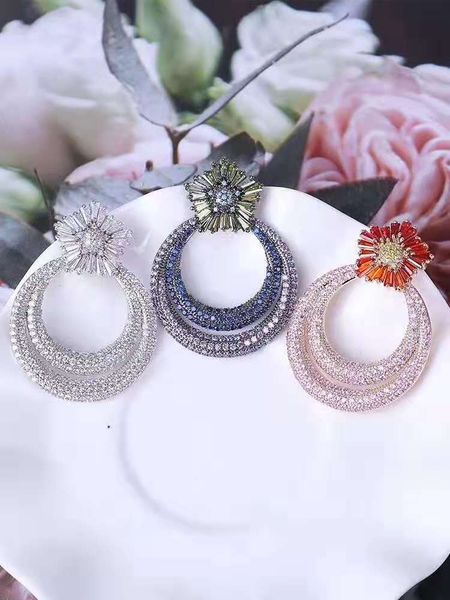 

manufacturers selling in europe and the style microscope zircon super flash flower circle earrings, temperament elegant earrings, Silver