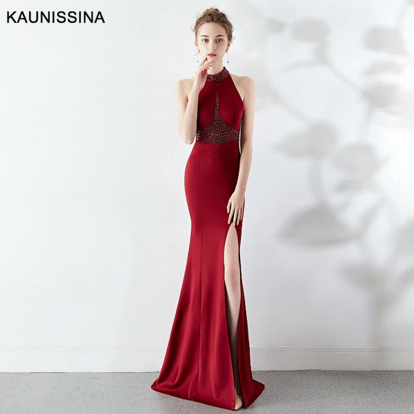 

kaunissina evening dress long formal gown mermaid halter neck slit beads crystal floor length party vestidos prom dresses, White;black
