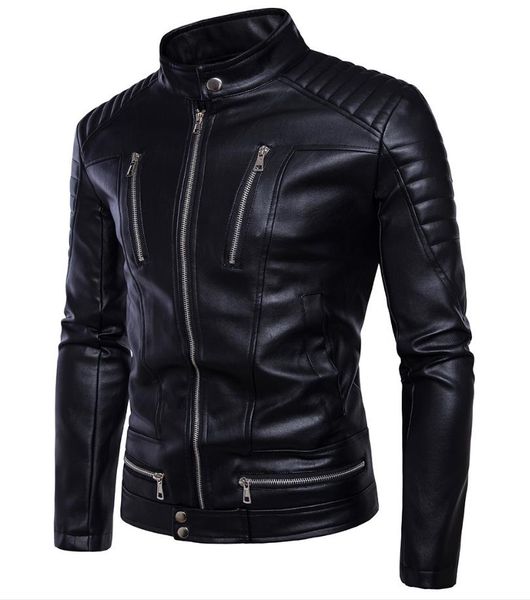 

pu leather jacket more incline zipper pockets striped design organ shoulder brief style black stand collar man motorcycle jakcets ship