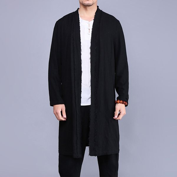 

#4375 2019 spring vintage cotton linen kimono long coat men plus size open stitch chinese style loose black windbreaker jacket, Tan;black