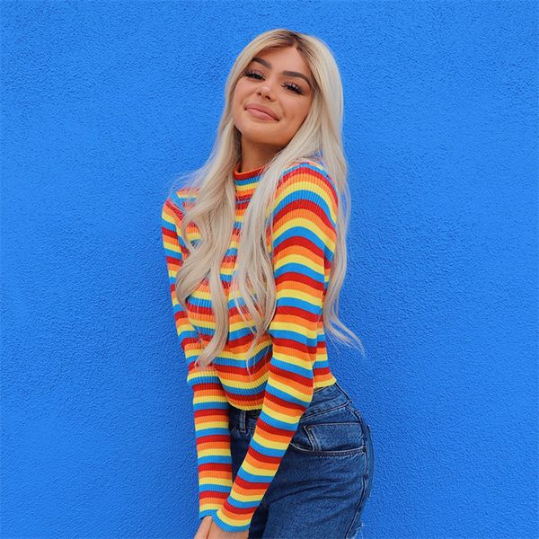 

women fashion womens long sleeves turtleneck rainbow color zipper shirts das mulheres dropshipping, White