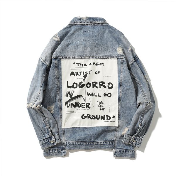 

mens jackets fashion casaul ripped blue hole back letter print washed denim retro jacket streetwear m-xxl, Black;brown