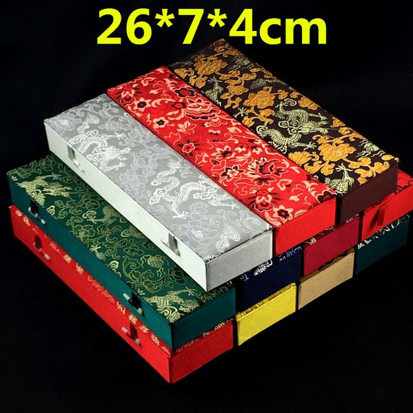 

extend rectangle silk brocade gift boxes for jewellery necklace storage box craft decorative scroll painting chopsticks hand fan gift box, Black;white