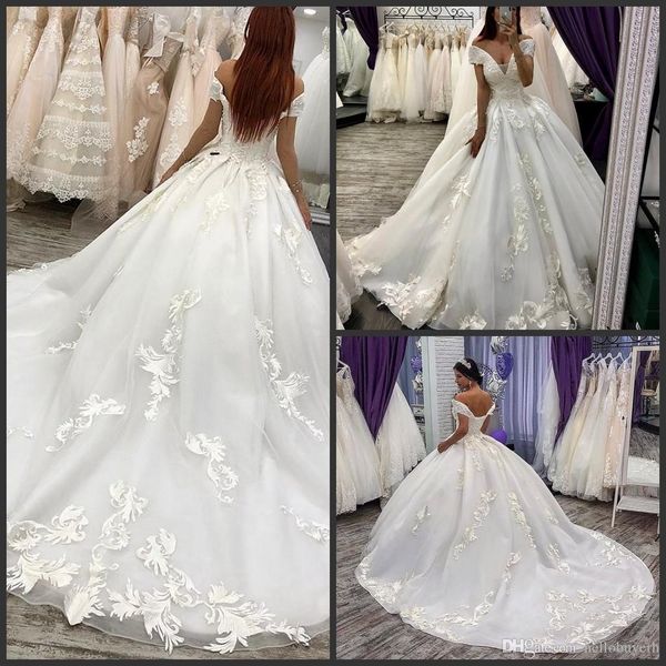

2019 new white organza summer ball gown wedding dresses long train lace applique plus size off shoulder wedding dress bridal gowns