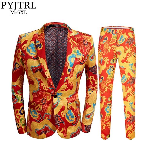 

pyjtrl brand new chinese style red dragon print suit men stage singer wear 2 pieces set slim fit wedding tuxedo costume homme, White;black