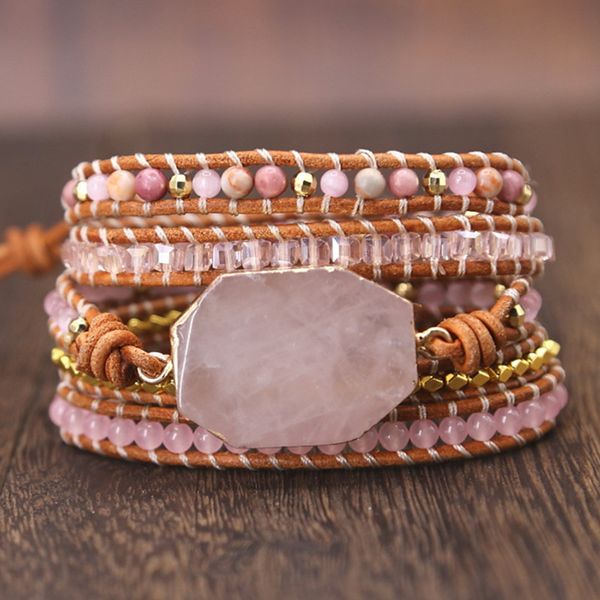 

diezi drop shipping ethnic natural pink crystal stone beads bracelet leather wrap bangle for women men handmade weave bracelet, Golden;silver