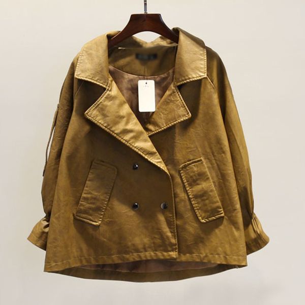 

ewq] 2019 korean style long-sleeved solid color loose casual double-breasted turn-down collar pu leather women's jacket qj874, Black;brown
