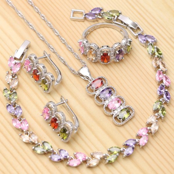 

925 silver bridal jewelry set for women multicolor cubic zirconia ring bracelet necklace pendant stud earrings, Slivery;golden