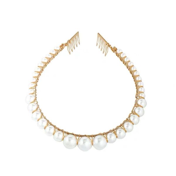 

women elegant big pearls hairband girls non-slip hair hoop headdress beaded bezel pearl headband with tooth hair accessories, Slivery;white