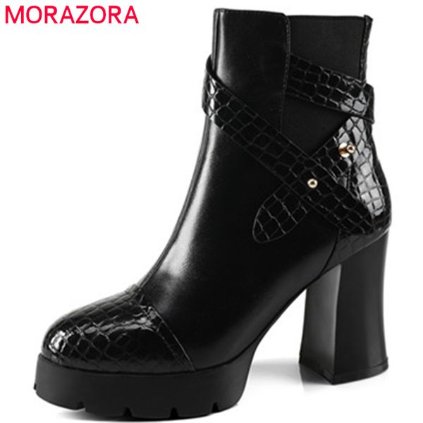 

morazora platform boots in spring autumn high heels shoes woman ankle boots for women genuine leather big size 34-40, Black