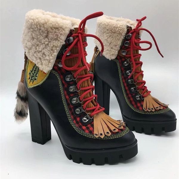 

high-heeled pumps warm shoes black leather lace up ankle boots with yellow stitching women fox fur crystal embellished platform snow boots