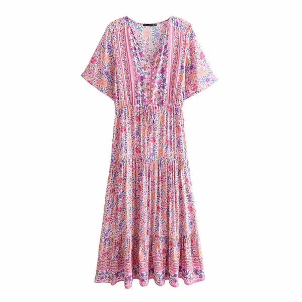 

women boho pink multi floral print long boho dresses v-neck buttons midi bohemian holiday seaside dress female 2020 new casual summer dress, Black;gray