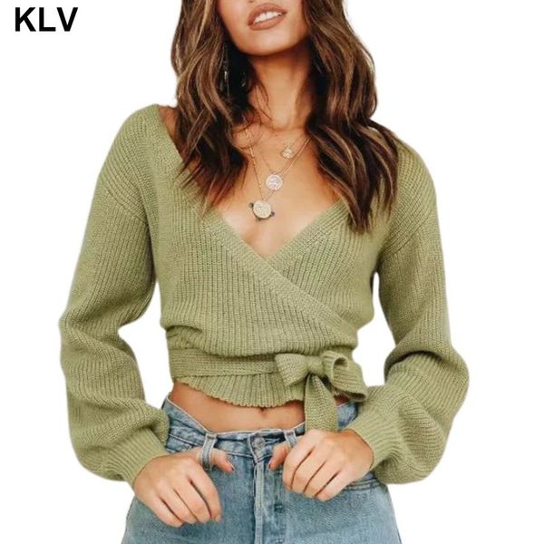 

womens long lantern sleeves loose short crop deep v-neck cross wrap front knitted sweaters belted waist jumper, White;black