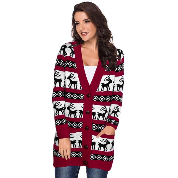 

ins cardigan christmas sweater womens winter new european and american elk print long-sleeve midi sweater sale, White