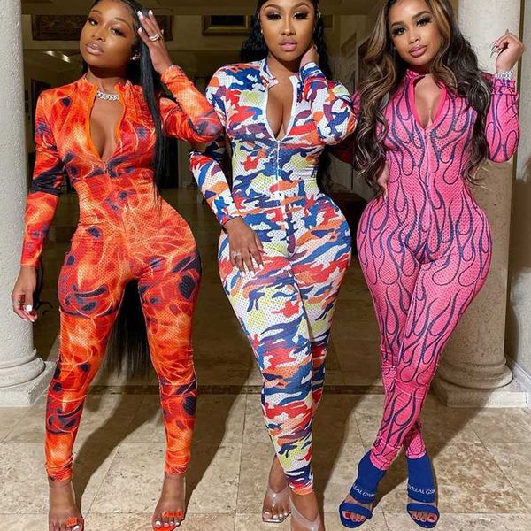 

women print turtleneck rompers jumpsuit long sleeve casual jumpsuit women zipper v neck skinny female overalls, Black;white