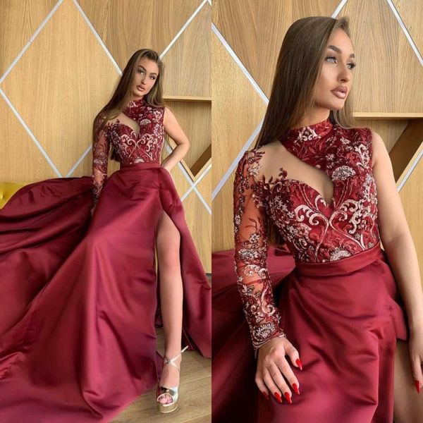 

dark red evening dresses illusion lace appliques beaded high neck side split prom dress custom made sweep train formal party gowns, Black;red