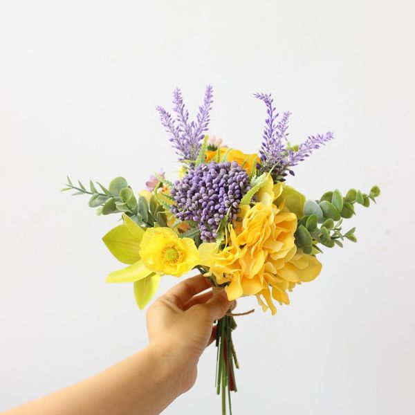 

wedding bouquet artificial silk flower european style bridesmaid bouquet golden yellow and purple flowers wedding decoration