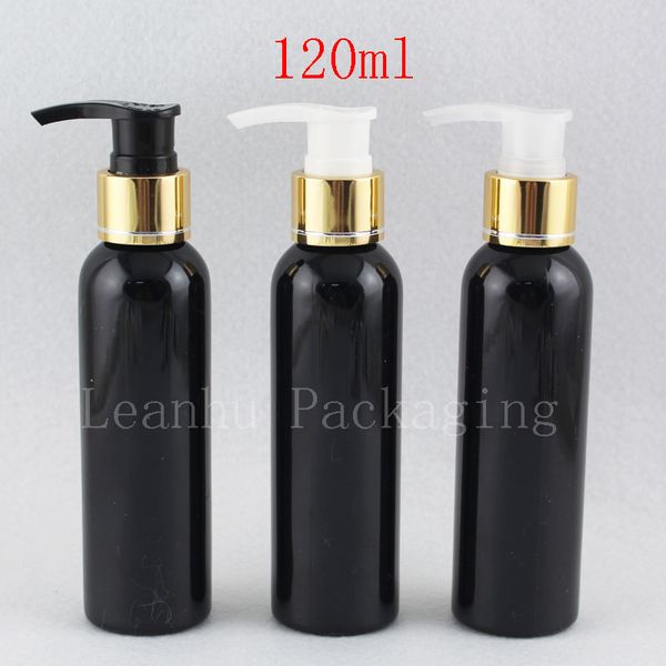 Recipiente preto cosmético vazio de 120ml com a bomba de loção de ouro, 4oz Spray Lotion Creme Bomba de Viagem Garrafa de Garrafa de Plástico