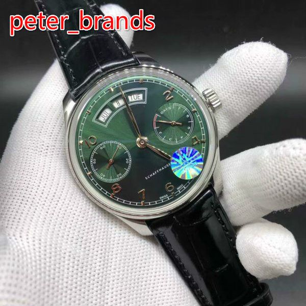 

44mm automatic wristwatch silver case black leather strap glass back cover year date and day full work perpetual calendar watch, Slivery;brown