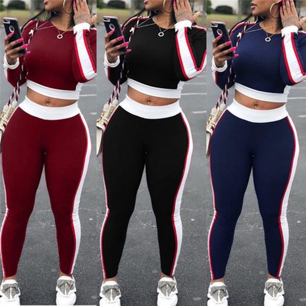 

two piece set women's tracksuits autumn fashion women leakage navel casual solid long sleeve sport +long pants set#g4, White;black