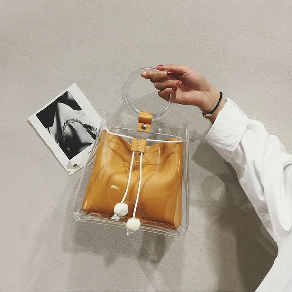 

2019 summer new jiulin korean fashion portable transparent one shoulder simple pumping diagonal bucket bag