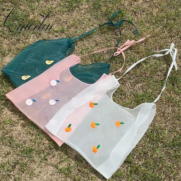 

qiaoduo fresh organza women's handbag fruit embroidery translucent ladies shoulder bag girl portable shopping tote