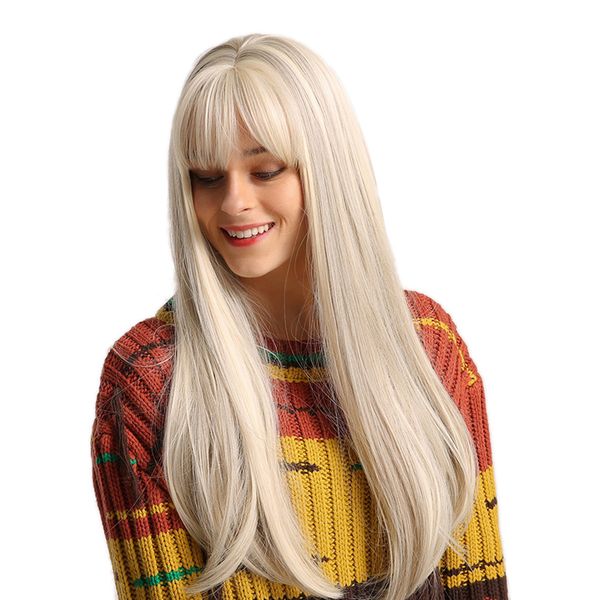 

women light golden synthetic wigs long straight highlight party cosplay wigs, Black