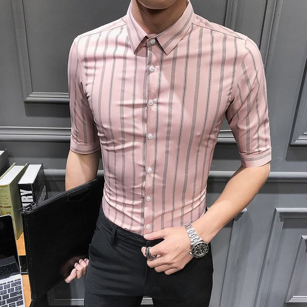 

2019 summer striped sleeve shirt men's youth korean version of the self-cultivation five-point sleeve shirt hair stylist male, White;black