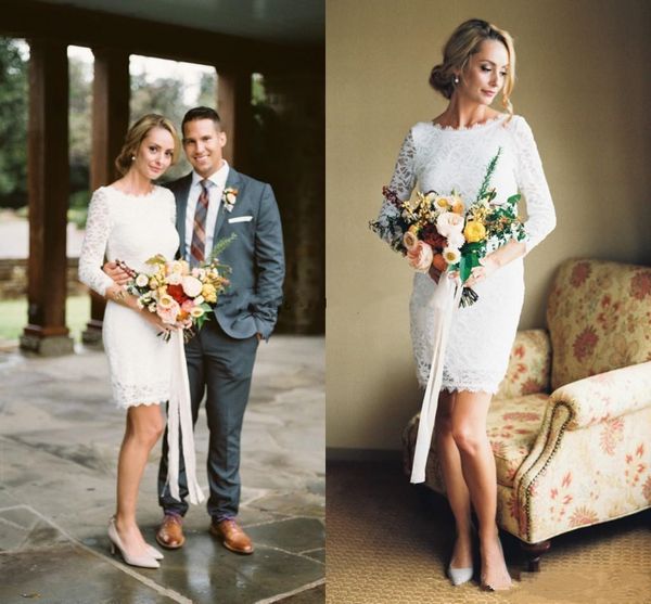 

elegant long sleeves 2018 plus size short wedding dresses full lace backless vintage bohemian beach bridal wedding gowns custom made cheap, White