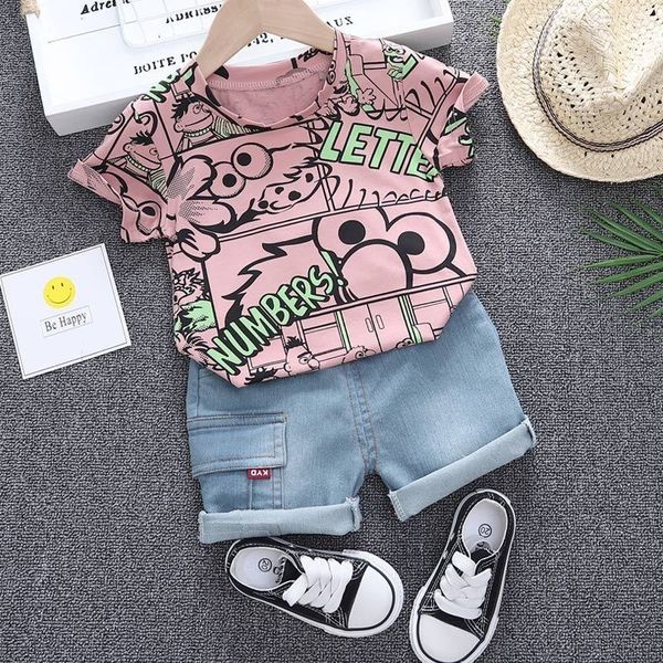 

boys summer clothing 2020 new o-neck t-shirt with denim shorts 2 pieces short-sleeved sets children baby summer graffiti clothes t200607, White